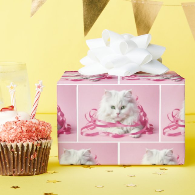 Papel De Presente Gato Branco com Arco Rosa (Festa de aniversário)