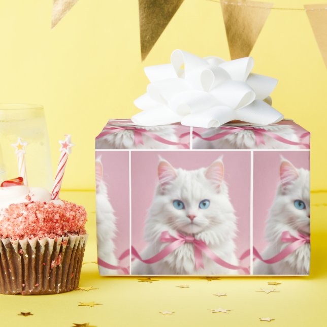 Papel De Presente Gato Branco com Arco Rosa (Festa de aniversário)