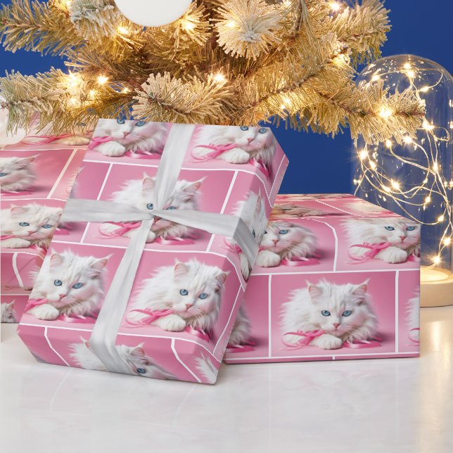 Papel De Presente Gato Branco Com Fitas Rosa (Feriados)