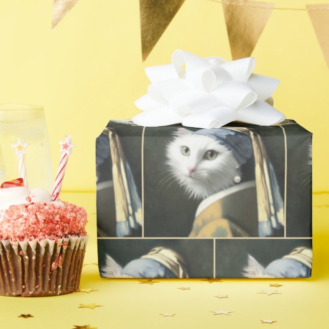 Papel De Presente Gato Branco Com Um Ouriço De Pérolas (Festa de aniversário)