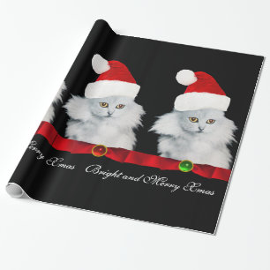 PAPEL DE PRESENTE GATO BRANCO DE NATAL, CHAPÉU DE PAPAI NOEL E FITAS