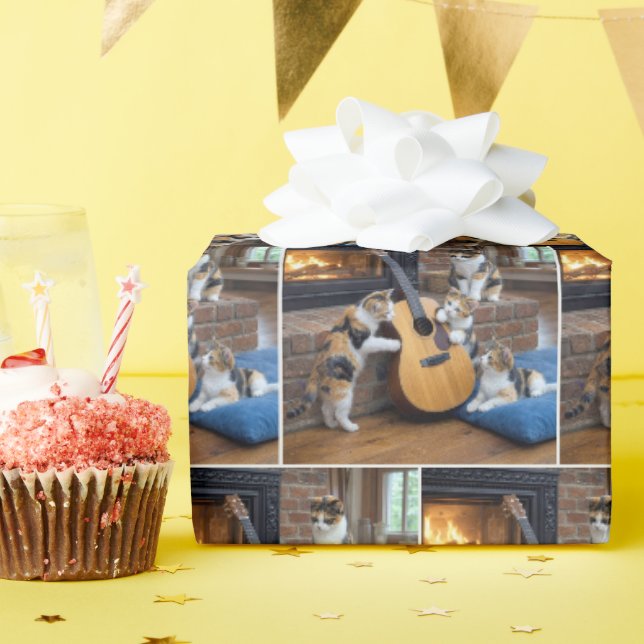Papel De Presente Gato Calico com Gatinhos e Violão (Festa de aniversário)