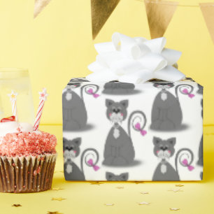 Papel De Presente gato cinza com laço rosa