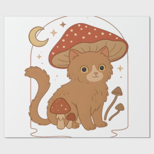Papel De Presente Gato Cogumelo Cottagecore com Chapéu � Estética Vi