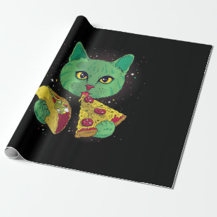 Papel De Presente Gato Com Pizza Slice E Taco No Espaço