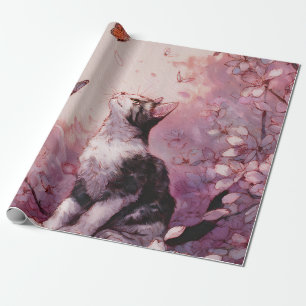 Papel De Presente Gato Curioso com Olhos Dourados e Flores Rosas