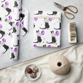 Papel De Presente Gato de Aniversário com Balão e Confetti