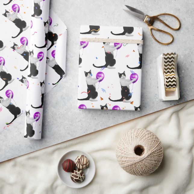 Papel De Presente Gato de Aniversário com Balão e Confetti (Artesanato)