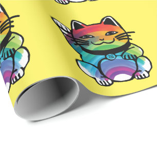 Papel De Presente Gato de Boa Sorte Japonês com Arco-Íris