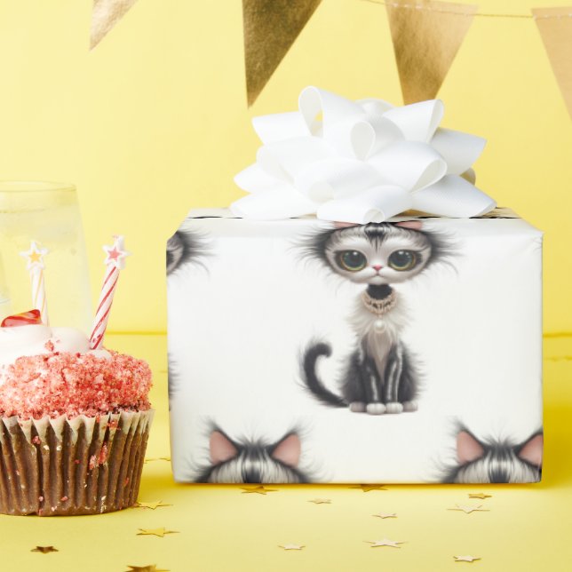Papel De Presente Gato De Cartoon Com Colar De Pérolas (Festa de aniversário)