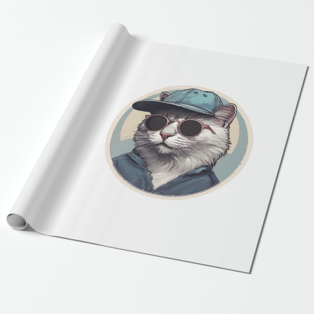 Papel De Presente Gato de desenho animado com óculos de sol (Desenrolado)