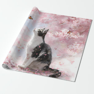 Papel De Presente Gato de Flor de Cerejeira e Borboletas (1)