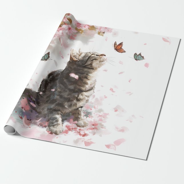 Papel De Presente Gato de Flor de Cerejeira e Borboletas (11) (Desenrolado)