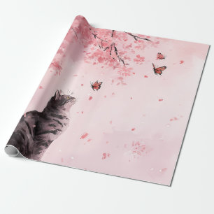 Papel De Presente Gato de Flor de Cerejeira e Borboletas (12)