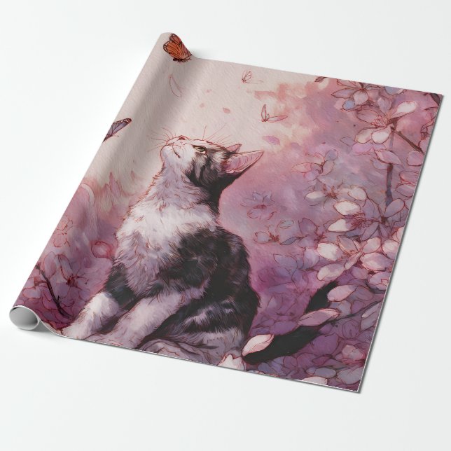 Papel De Presente Gato de Flor de Cerejeira e Borboletas (2) (Desenrolado)