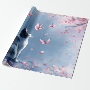 Papel De Presente Gato de Flor de Cerejeira e Borboletas (4)