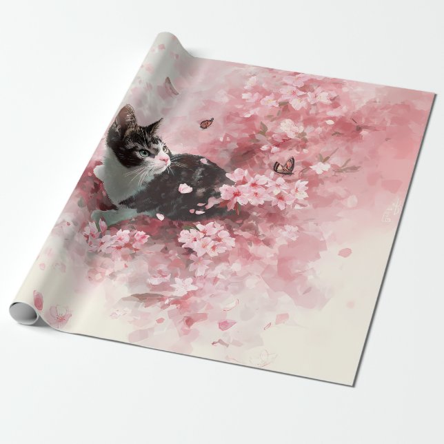 Papel De Presente Gato de Flor de Cerejeira e Borboletas (8) (Desenrolado)