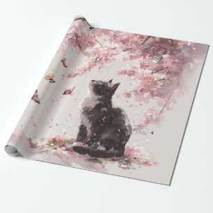 Papel De Presente Gato de Flor de Cerejeira e Borboletas (9)