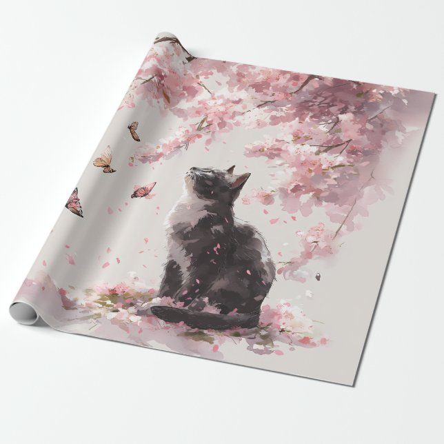 Papel De Presente Gato de Flor de Cerejeira e Borboletas (9) (Desenrolado)