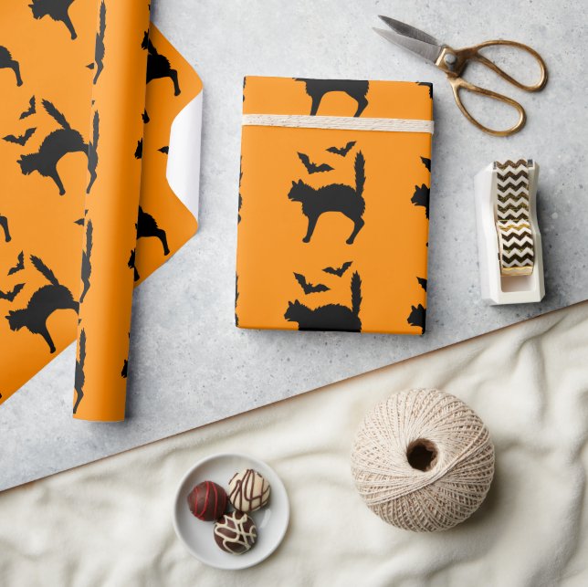 Papel De Presente Gato de Halloween Assustado e Silhueta de Morcegos (Artesanato)