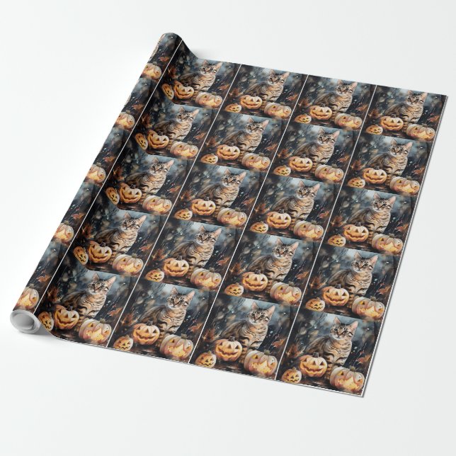 Papel De Presente Gato de Halloween Bengal com Pumpkins assustado (Desenrolado)