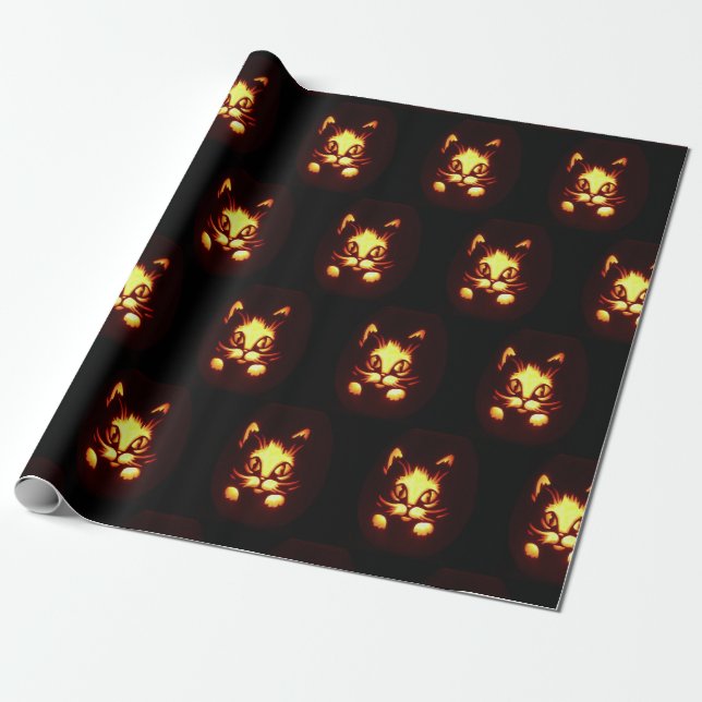 Papel De Presente Gato de Halloween Laranja Brilhante (Desenrolado)