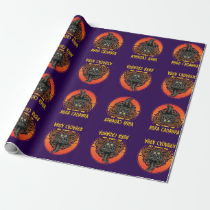 Papel De Presente Gato de Halloween no Witch Hat Abra Cadabra Vintag