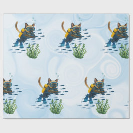Papel De Presente Gato de Mergulho Subaquático