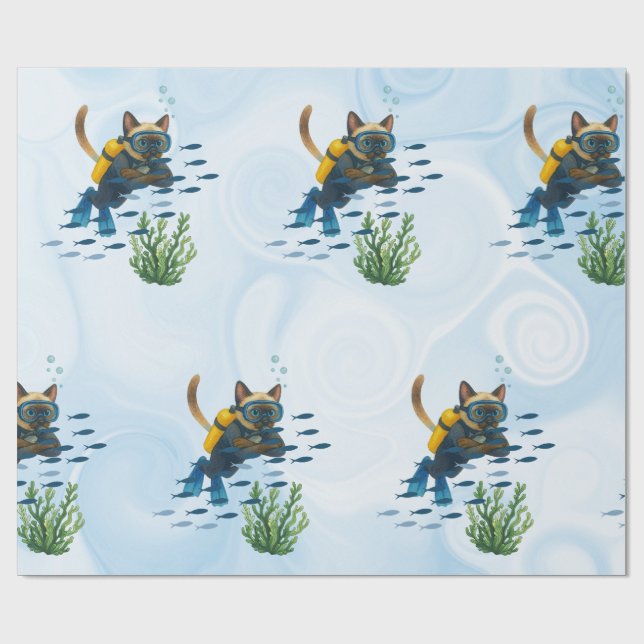 Papel De Presente Gato de Mergulho Subaquático  (Aberto)
