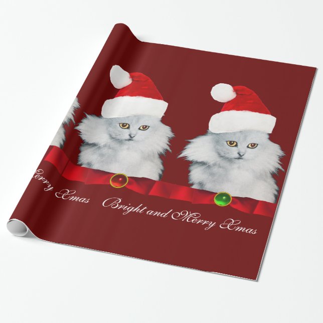 PAPEL DE PRESENTE GATO DE NATAL BRANCO, CHAPÉU DE SANTA CLAUS E BORR (Desenrolado)