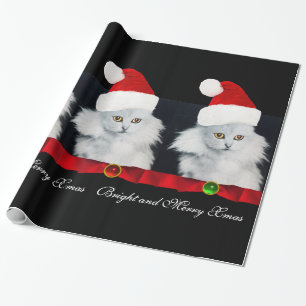 PAPEL DE PRESENTE GATO DE NATAL BRANCO, CHAPÉU DE SANTA CLAUS E BORR