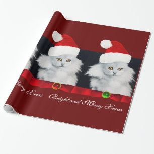 PAPEL DE PRESENTE GATO DE NATAL BRANCO, CHAPÉU DE SANTA CLAUS E BORR