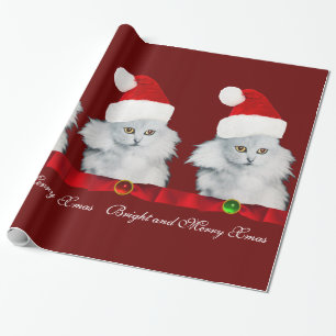 PAPEL DE PRESENTE GATO DE NATAL BRANCO, CHAPÉU DE SANTA CLAUS E LÍ