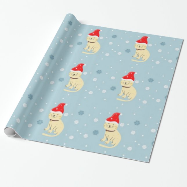 Papel De Presente Gato de Natal com chapéu de azul (Desenrolado)