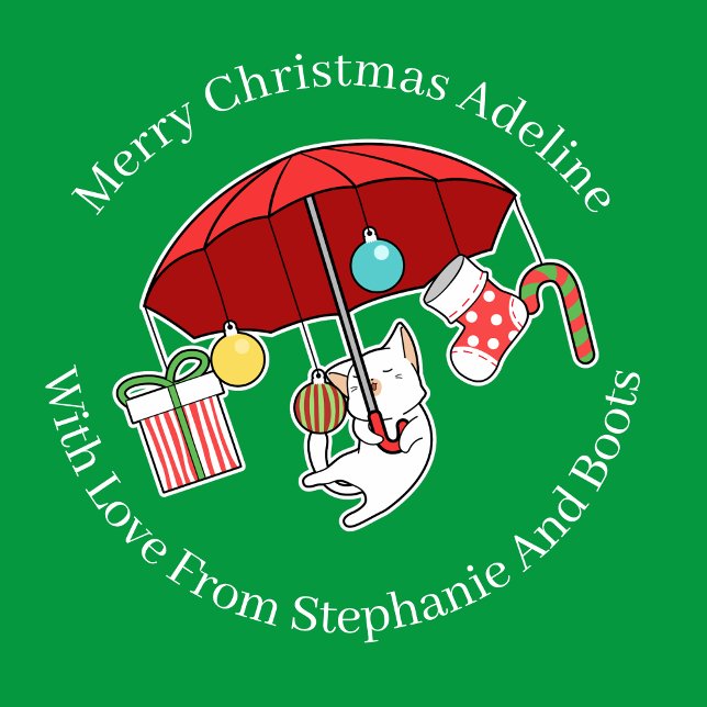 Papel De Presente Gato De Natal Com Guarda-Chuva Vermelha Em Verde (Criador carregado)