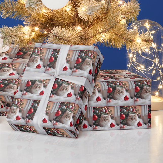 Papel De Presente Gato De Natal Com Ornamento Vermelho (Feriados)