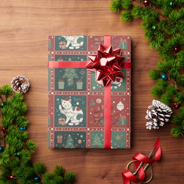 Papel De Presente Gato de Natal Fofinho de Gatinho de Férias com Cha (Presente de Natal)