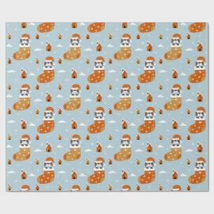 Papel De Presente Gato de Natal giro em floco de neve azul