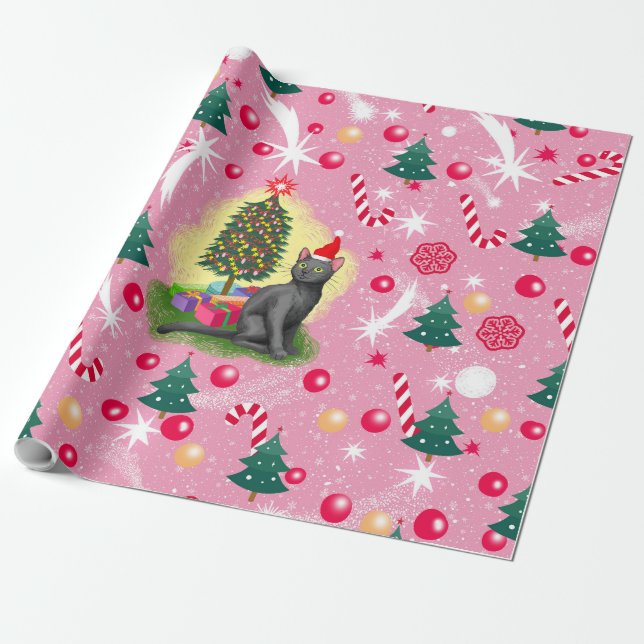 Papel De Presente Gato de Natal Rosa (Desenrolado)