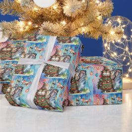 Papel De Presente Gato de Papais noeis de Golfe com pano de fundo de