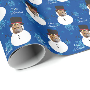 Papel De Presente Gato Diversão Rosto Neve Feliz Natal Molho Espanho