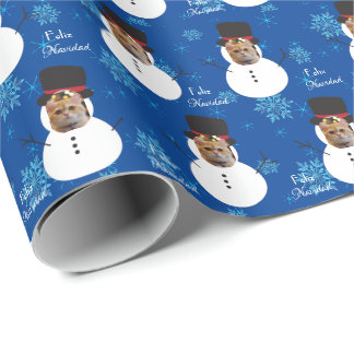 Papel De Presente Gato Diversão Rosto Neve Feliz Natal Molho Espanho