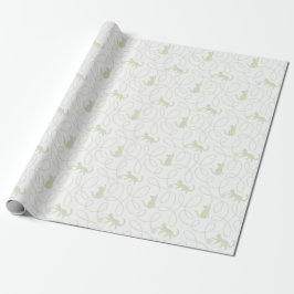 Papel De Presente Gato Divertido e Padrão de Bola de Lã Verde Sage C