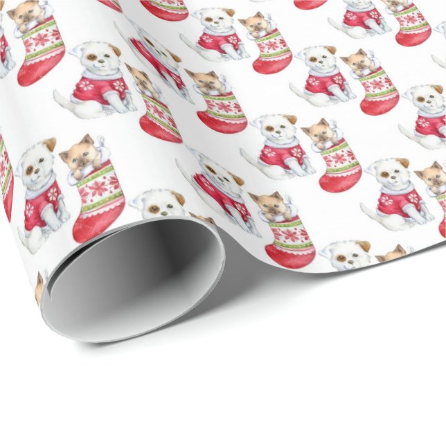 Papel De Presente Gato e Cachorro em Meias de Natal (Ponta do rolo)