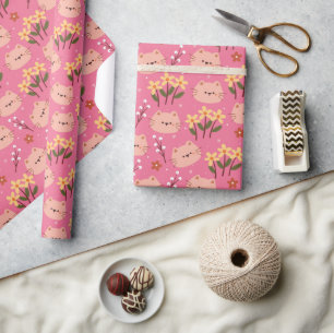 Papel De Presente Gato e Flores de Cuta