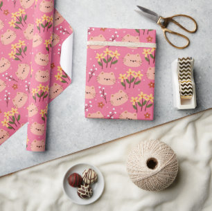 Papel De Presente Gato e Flores de Cuta