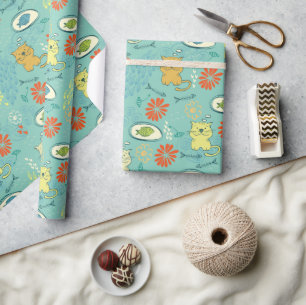 Papel De Presente Gato e Peixe Engraçado