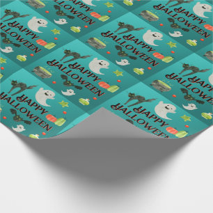 Papel De Presente Gato Fantasma de Halloween Fofo Verde Turquesa