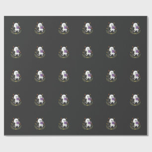 Papel De Presente Gato Fantasma do Halloween Lendo Livro Floral Desi