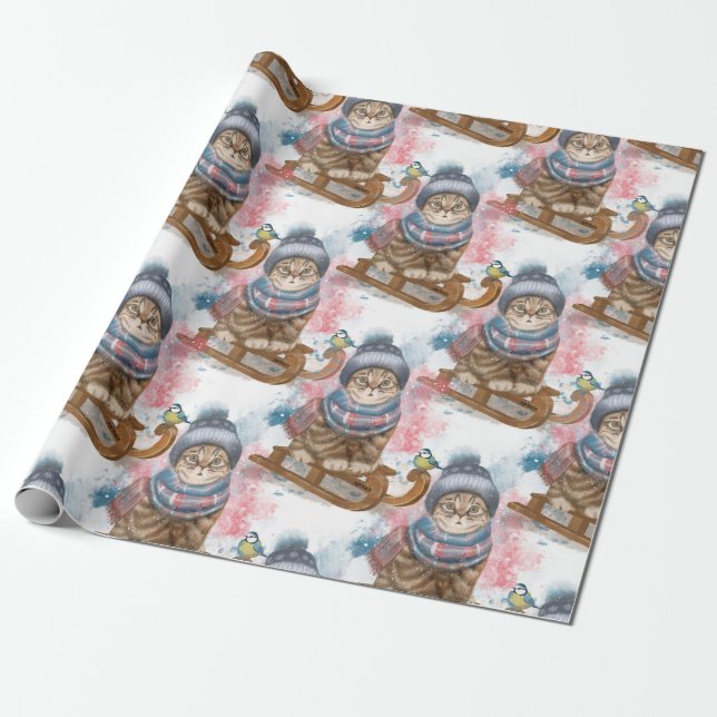 Papel De Presente Gato Feriado Bonito Num Sled (Desenrolado)